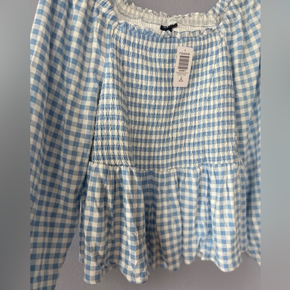 Torrid Rayon Slub Smocked Bodice Long Sleeve Crop Top Blue Gingham Size 3X - Picture 4 of 9